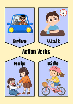 Educational action verbs flashcards for children, illustrated English vocabulary set, preschool learning posters with drive wait help and ride