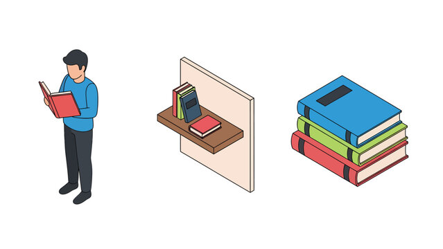 Illustration of a person reading a book, a shelf with books, and a stack of books.