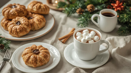Fototapeta premium Christmas breakfast table with fresh pastry and hot cocoa creates festive mood