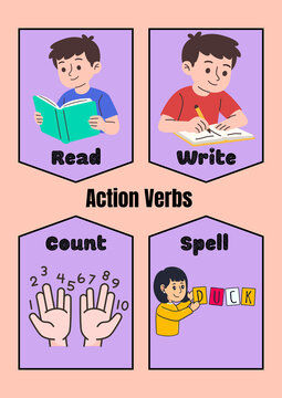 Educational action verbs flashcards for kids, children learning to read write count and spell, preschool classroom posters