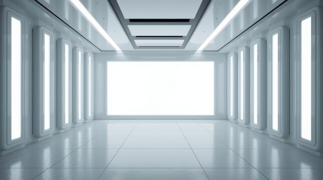 Clean futuristic interior with bright panel lighting and central copy space