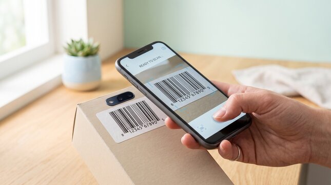 Smartphone scanning barcode on cardboard box for package tracking