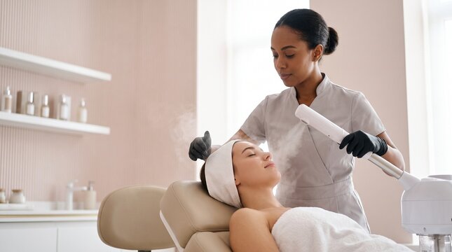 Esteticista aplica vapor facial em cliente em spa de beleza