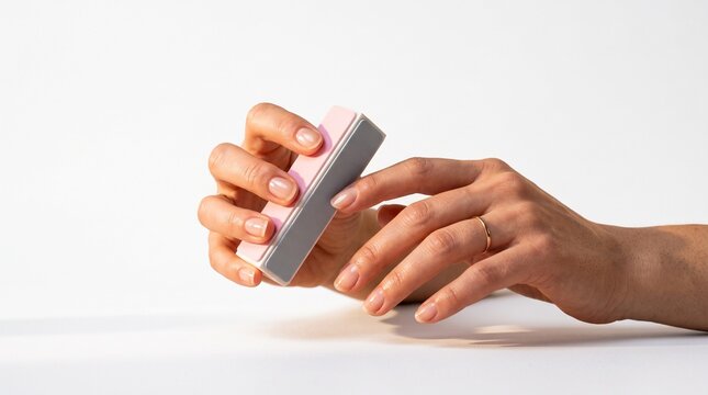Woman filing natural nails with a pink and grey buffer block for manicure