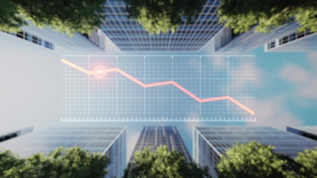Falling financial chart line overlay modern city skyscrapers low angle perspective highlighting business economic loss stock market crash recession risk corporate architecture digital 3d render stock.
