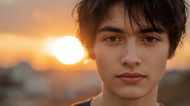 Asian teenage boy face portrait shows relaxed confidence against glowing sunset sky and blurred