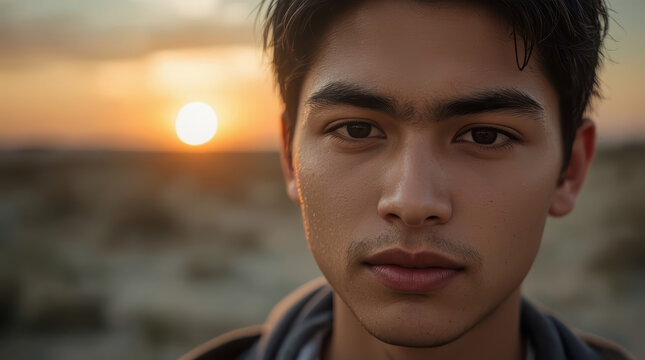 Close up face Asian teenage boy relaxed confident expression sunset portrait
