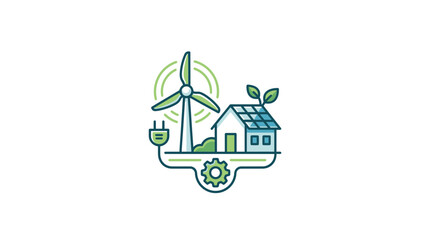 Fototapeta premium Wind turbine integrated with a house and gear symbol illustrates renewable energy solutions for sustainable residential power consumption.