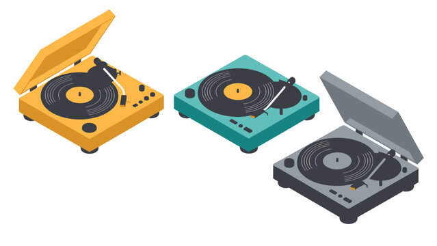 Three colorful isometric turntables with vinyl records playing music.