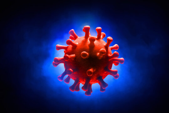 Red virus cell on dark blue smoke background