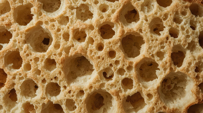 Artisan bread crumb texture with airy holes showing warm golden detail and porous structure