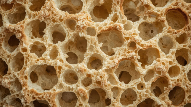 Artisan bread crumb texture with airy holes and golden crust detail