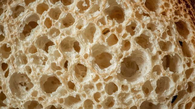 Artisan bread crumb texture with airy holes and golden crust detail creates rustic pattern