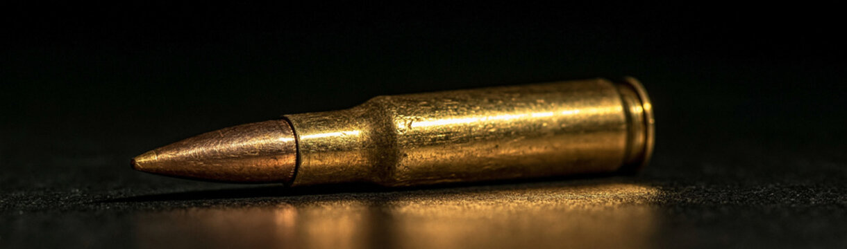 Golden Ammunition Detail: A close-up shot captures the intricate details of a single brass bullet casing and projectile, highlighting its metallic sheen and precision engineering against a dark.