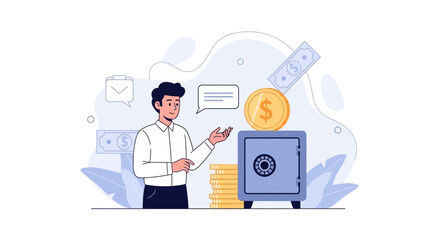 Fototapeta premium Man Saving Money in Safe, Financial Growth and Security Concept with Coins and Bills Illustration