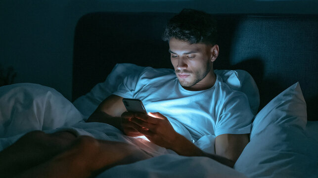 Midnight Glow: A man lies in bed, illuminated by the soft, blue light of his smartphone, lost in the digital world as night falls around him.