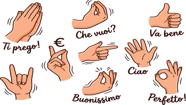 Italian Hand Gestures Vector Set with Common Expressions, Che Vuoi, Ti Prego, Perfetto, Ciao, and Hand Sign Language Elements for Communication Graphic Designs
