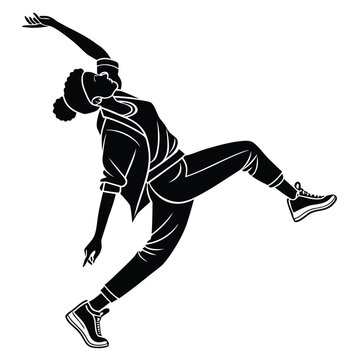 Black silhouette of female dancer in urban street style, hip hop, breaking pose, dynamic movement, monochrome vector, gymnastics, figure