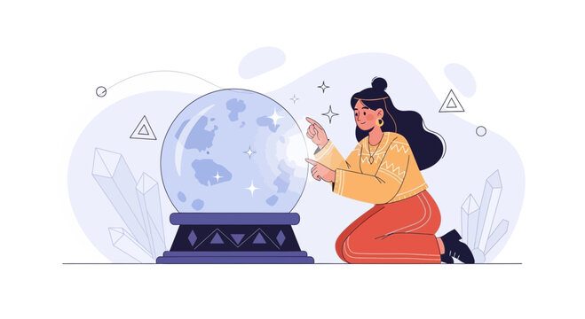 Mystic Woman Gazing into Crystal Ball, Foreseeing Future with Spiritual Energy and Esoteric Symbols