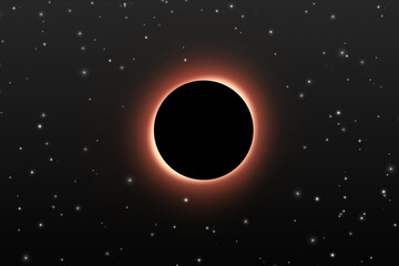 Fototapeta premium Dramatic solar eclipse glowing with orange corona and cosmic rays against star-filled deep space, creating mysterious astronomical background with copy space.