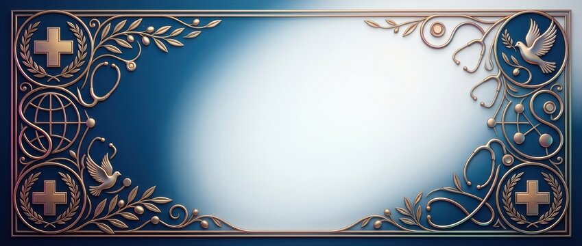 Medical humanitarian banner featuring golden cross symbols stethoscopes and doves on a blue gradient background