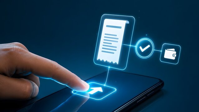 Hand touching glowing digital smartphone screen showing online payment process e-receipt successful transaction and digital wallet