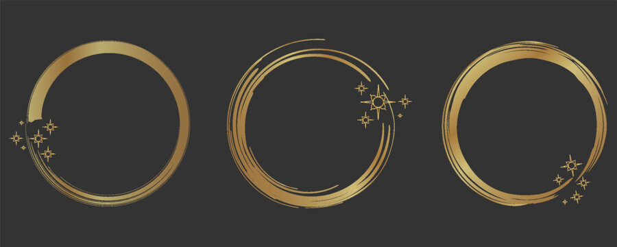 Gold frame golden ring set. Hand drawn golden round glitter line circular border with light sparkle. Luxury whimsical wedding jewelry glow flare decoration snowflake star. Vector illustration