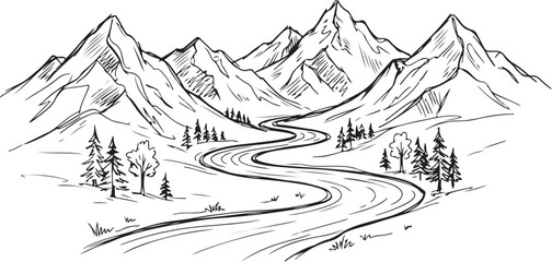 Fototapeta premium Black and White Panoramic Mountain River Landscape Line Art Doodle
