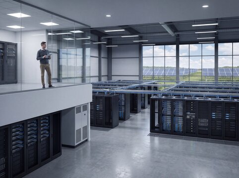 A man using a digital tablet inside a modern server room with solar panels outside with glass mezzanine overlooking overlooking large data panels visible