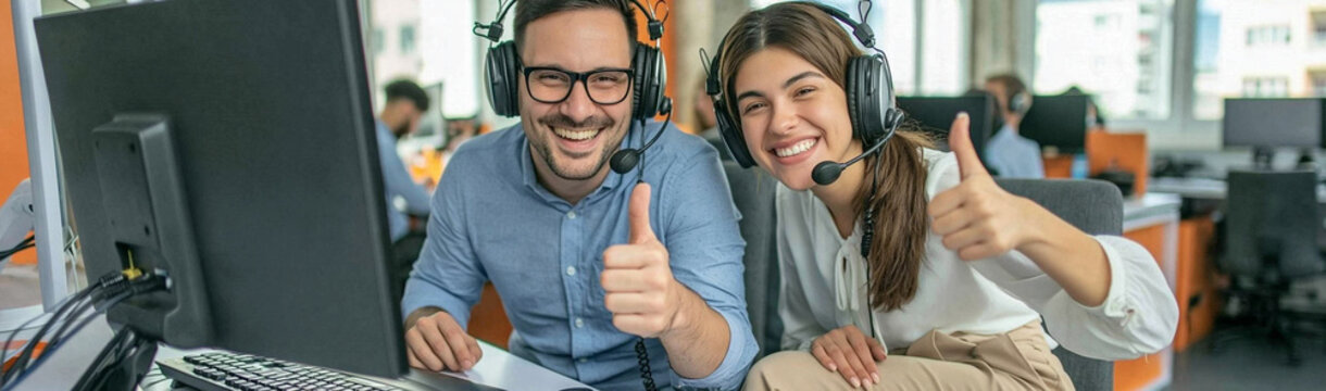 Customer Service Champions: Two smiling call center agents, wearing headsets and giving a thumbs-up, exude positivity and competence in a modern office environment.