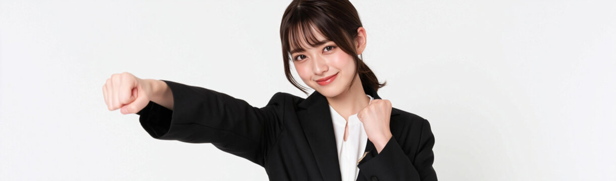 Confident Young Woman in Black Blazer: A stylish young woman exudes confidence and determination, posing with her fists raised in a powerful stance, ready to take on any challenge.