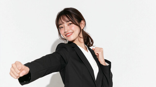Successful Woman in Business: A confident and joyful young woman in a business suit strikes a victorious pose, giving a thumbs up and celebrating a personal triumph. Capturing ambition and success.