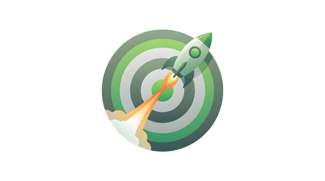 Green rocket launching from target center featuring precision, focus, achievement, illustration, graphic design, success, goal, accelerate, aim, ambition, ascend, blast off, bullseye and career