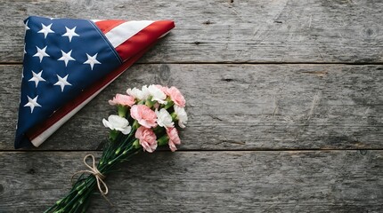 Fototapeta premium American flag and flowers laid on weathered wood memorial remembrance
