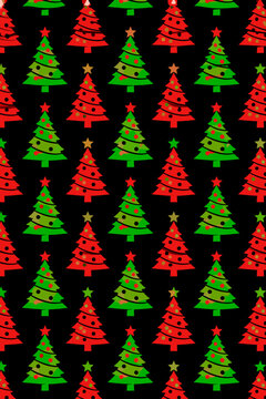 Christmas Tree Seamless Pattern Vector &ndash; Red and Green Decorated Trees with Stars on Black Background &ndash; Holiday Repeat Wallpaper Design