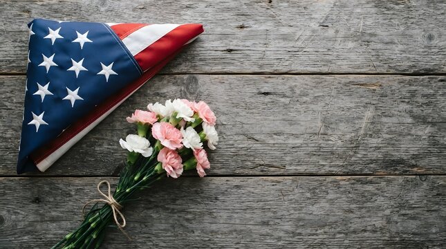 American flag and flowers laid on weathered wood memorial remembrance