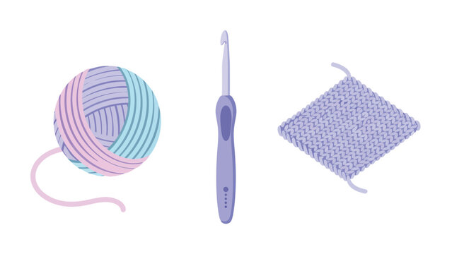 Crochet supplies including a ball of yarn, a crochet hook, and a knitted square sample.