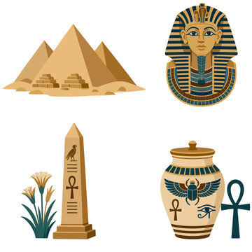 Ancient Egypt Vector Icons Set &ndash; Pyramids of Giza, Pharaoh Tutankhamun Mask, Obelisk with Ankh, Canopic Jar Scarab &ndash; Flat Design Illustration on Transparent Background