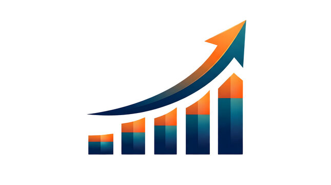 Ascending gradient bar chart with a dynamic upward arrow, isolated on a transparent background, illustrating growth and progress in a modern, clean design featuring business, finance and graph