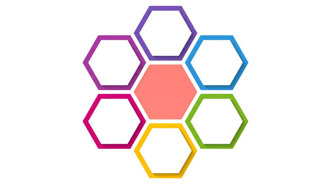 Colorful hexagonal pattern with six white hexagons outlined in vibrant hues surrounding a central filled pink hexagon, isolated on a transparent background featuring honeycomb, gradient and geometric