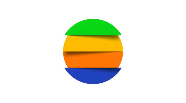 Abstract graphic of a circular shape divided into four horizontal layers in vibrant green, yellow, orange, and blue, with subtle shadows for depth, isolated on a transparent background