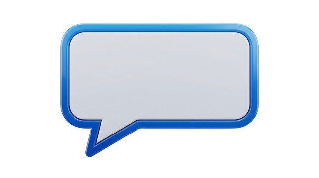 Empty blue speech bubble with rounded corners and a pointed tail, isolated on a transparent background, 3D rendered graphic featuring white