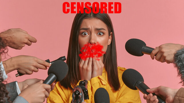 Censored Voice: A woman's mouth is covered with red tape, symbolizing censorship and silencing, as reporters surround her with microphones.