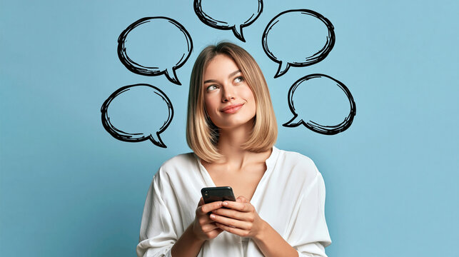 Woman with Speech Bubbles: A thoughtful young woman holds her smartphone, with whimsical hand-drawn speech bubbles floating above her head, suggesting communication, ideas, and imagination.