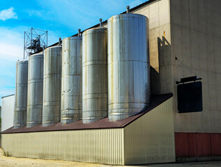 Industrial building with five large stainless steel silos reflecting sunlight against a beige wall, showcasing modern agricultural storage design and clean geometric symmetry under a bright blue sky. © Jason