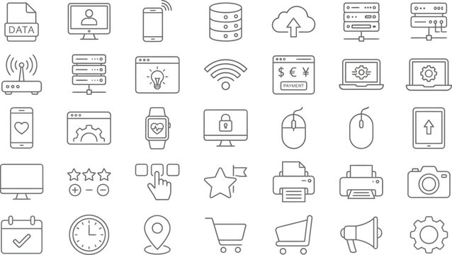 Web development and e commerce minimal line icon mega set featuring cloud data server printer computer monitor shopping cart wireless wifi and network symbols vector