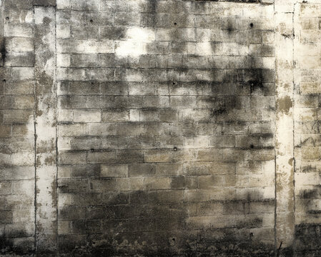 Grungy stained concrete block retaining wall background with dark water damage weathering