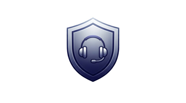Shield-shaped icon with a glossy gradient finish, featuring a centered headset with microphone and ear cushions, isolated on a transparent background featuring graphic, symbol, cutout and png