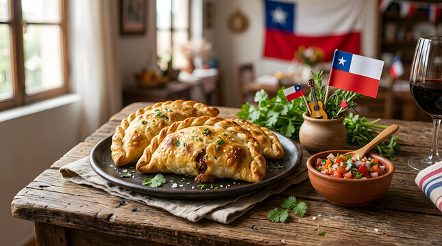 Homemade Chilean beef empanadas with fresh parsley and tomato salsa on rustic wooden table