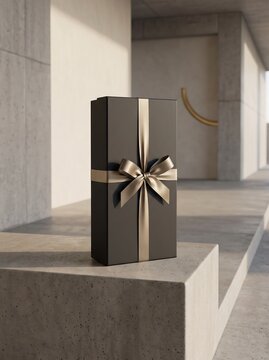 Black gift box with ribbon on concrete pedestal in modern architectural interior